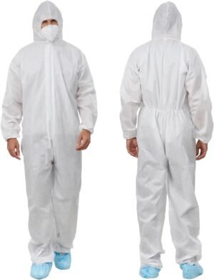 Greenour Hazmat Suits Pack of 12 Disposable Coveralls with Hood Breathable White SMS Painters Suit Medium to XXX-Large