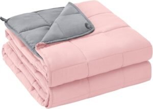 yescool 20lbs Pink Grey Weighted Blanket for Adults 60″x80″, Cooling, Heavy, Breathable with Glass Beads, Queen Size, Machine Washable