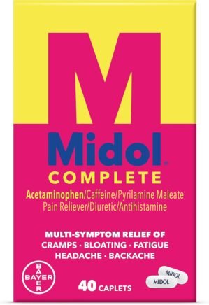 Midol Complete Menstrual Pain Relief Caplets, 40 Count – Provides Cramp, Headache, and Bloating Relief