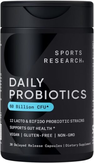 Sports Research Daily Probiotics with Prebiotics, 60 Billion CFU – Vegan Capsules for Gut Health & Digestive Support, Probiotics for Women & Men – Non-GMO Verified & Gluten Free – 30 Count