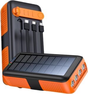 Solar Power Bank Portable Charger 63200mAh Battery Pack, Hand Crank Charger Dual Outputs Inputs 4 LED Flashlight, Fast Charging with Built in Cables Power for Phone Camping Emergency Travel (Orange)