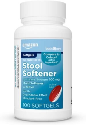 Amazon Basic Care Stool Softener Laxative, Docusate Sodium 100 mg, Softgels, For Constipation Relief, 100 Count
