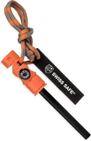 Swiss Safe 5-in-1 Magnesium Ferro Rod Fire Starter Survival Tool – Flint & Steel Striker, Compass, Paracord & Whistle – Emergency Kit for Backpacking, Camping, Hiking – All-Weather