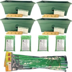 4 Green Self-Watering GrowBoxes, Organic Fertilizer Covers, Soil Sweetener with 2 Staking Kits