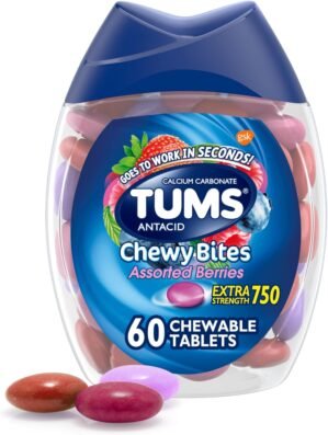 TUMS Chewy Bites Antacid Tablets for Chewable Heartburn Relief and Acid Indigestion Relief, Assorted Berries – 60 Count