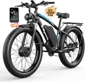 E·Bycco 5000W Peak Dual Motors Electric Bike for Adults, 52V 32Ah Battery up to 100Miles, 40-45MPH Fast Ebike, 24″*4.0 Fat Tire Hydraulic Disc Brake E-Bicycle, Off-Road Mountain Hunting E-Bike for Men