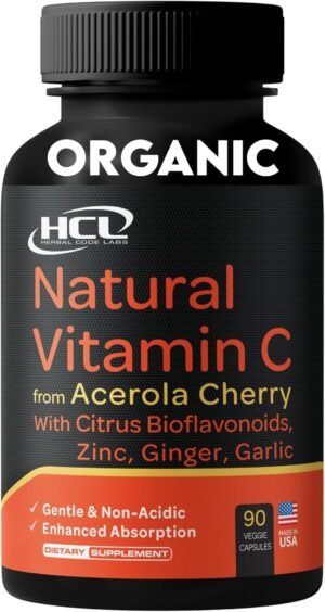 Natural Vitamin C from Organic Acerola Cherry – High Absorption – with Garlic Ginger & Citrus Bioflavonoids – Immune System & Collagen Booster – Anti Aging Skin Vitamins