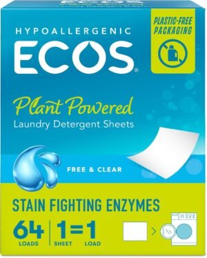ECOS Laundry Detergent Sheets Vegan, No Plastic Jug, No Mess & Liquid Free – Laundry Sheets in Washer – Hypoallergenic, Plant Powered Laundry Detergent Sheets – Free and Clear – 64 Sheets (Pack of 1)