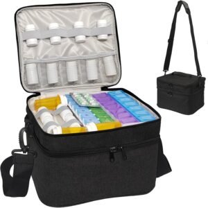 Travel Medicine Organizer and Storage Bag – Double Layers Pill Bottle Organizer Bag for Emergency Medication,Supplements or Medical Kits, Zippered Lockable Empty Medicine Bag for Home (Black, L)