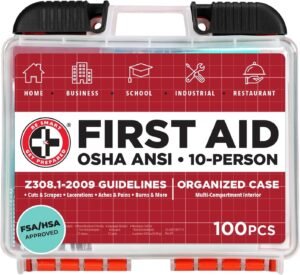 Be Smart Get Prepared OSHA/ANSI First Aid Kit – 10 Person, 100 Pieces – Designed for Home, Business, School, Industrial, and Restaurants – Compact & Portable
