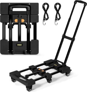Folding Hand Truck, Dolly Cart with 6 Wheels (2 with Brake) & 2 Elastic Straps, 500 LB Heavy-Duty Trolly Cart for Moving, Luggage, Car Seat, Garden Plant, Camping,26″ Max Extendable Plate,Black