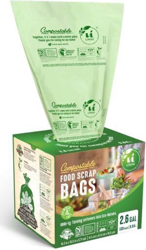 UNNI Compostable Liner Bags, 2.6 Gallon, 9.84 Liter, Extra Thick 0.71 Mil, 100 Count, Small Kitchen Food Scrap Waste Bags, ASTM D6400, US BPI, CMA and Europe OK compost HOME Certified