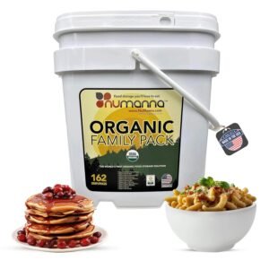 NuManna USDA ORGANIC Family Pack 162 Servings, Emergency Survival Food Storage Kit, Separate Rations, in a Bucket, Meals Included Have 25 Year Shelf Life, GMO-Free (Single)