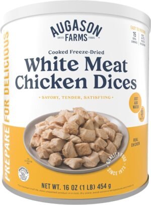 Augason Farms Cooked Freeze Dried White Meat Chicken Dices Can, Emergency Food Supply, Everyday Meals, 15 Servings