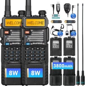 Baofeng UV-5R 8W Ham Radio Handheld Dual Band,High Power 3800mAh Rechargeable Walkie Talkies with Programming Cable，Earpiece,Speaker Mic Long Range Two-Way Radio-2 Pack Full Kit