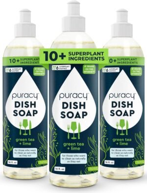 Puracy Natural Dish Soap – Skin-Softening Plant-Based Dishwashing Soap, Non-Toxic Dish Soap, Organic Liquid Dishwashing Detergent Soap (Green Tea & Lime, 16 fl oz, 3 Pack)