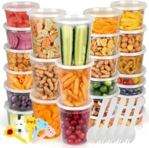 [60 Pack,3 Sizes] Food Storage Containers with Lids, 50 Combo Pack 8oz, 16oz, 32oz Airtight Deli Food Container w 10 Spoons, BPA-Free Leakproof Takeout Meal Prep Dishwasher, Microwave, Freezer Safe
