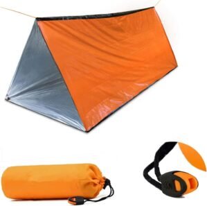 1 Piece Survival Shelter, Polyester Film Emergency Tent Survival Kit with String Bundle Pocket Whistle for Hiking, Car Camping, First Aid Hurricane