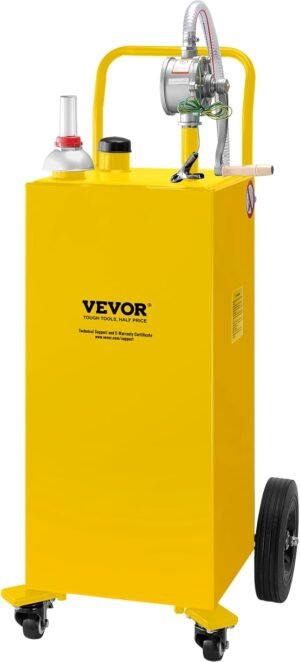 VEVOR 30 Gallon Fuel Caddy, Gas Storage Tank & 4 Wheels, with Manual Transfer Pump, Gasoline Diesel Fuel Container for Cars, Lawn Mowers, ATVs, Boats, More, Yellow