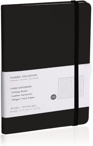 Lined Journal Notebook, (Black), 160 Pages, Medium 5.7 inches x 8 inches – 100 gsm Thick Paper, Hardcover