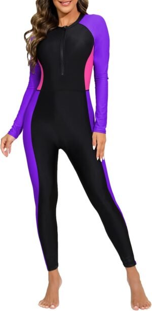 Womens Full Body Zip Front Rash Guard Long Sleeve One Piece Bathing Suit with Built in Bra UPF50+ Surf Swimsuit