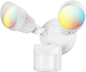 LEONLITE 3CCT LED Security Light, Motion Sensor Flood Lights Outdoor, Aluminum, 3 Modes Motion Detector+Dusk to Dawn+Switch Control, 3000K/4000K/5000K Selectable, IP65, Adjustable 2-Head, ETL, White