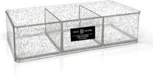 Isaac Jacobs Clear Acrylic 3 Section Organizer- Three Compartment Drawer Tray and Storage Solution for Office, Bathroom, Kitchen, Supplies, and More (Silver Glitter)