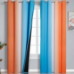 Thermal Insulated Blue and Orange Curtains for Living Room, Complete Light Blocking Ombre Blackout Curtains for Bedroom, Full Room Darkening Gradient Grommet Drapes for Boy Room, 52×84 Inch, 2 Panels