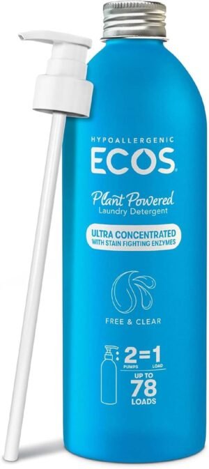 ECOS Ultra Concentrated Liquid Laundry Detergent, Sustainable Aluminum Bottle, Up to 78 Loads, 2 Pumps per 1 Washer Load – Plant-Powered Hypoallergenic Laundry Soap – Free & Clear, 16 Fl Oz