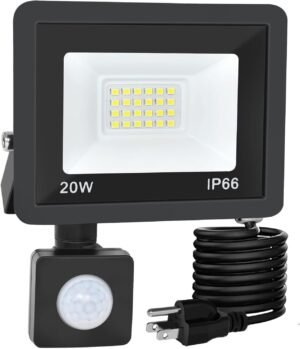 Motion Sensor Flood Light Outdoor, 20W Plug in Motion Sensor Light with 4.9ft Cord, IP66 Waterproof Floodlights with Photocell 6000K Super Bright Security Light for Garden Patio