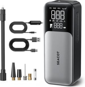 Tire Inflator Portable Air Compressor – Professional Edition – Max 150 PSI, Built-in High-Rate Battery and 12V DC Adapter. Electric Air Pump for Car Tires, Supports 45W 3X Fast Charging