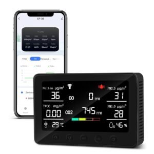 Smart Air Quality Monitor Indoor, Air Quality Meter Detects Pollen, CO, PM2.5, PM1.0, CO2, TVOC, Humidity, Temp, Wildfire App for Configuration&Data History and Alerts, Connected with 5GHz Wi-Fi
