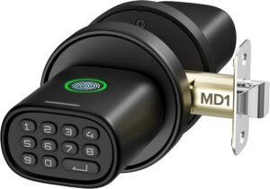 Keyless Entry Door Lock, Fingerprint Door Lock with Keypad Biometric Door Knob, Auto-Lock for Interior Doors Thickness up to 2-1/4″, Bedroom, Home Office, Garage, 4xAA Alkaline, MD1 Black