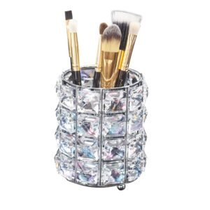 LUGUNU Makeup Brush Holder Organizer Golden Crystal Bling Personalized Gold Comb Brushes Pen Pencil Storage Box Container (Crystal Pot-Sliver)