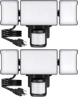 Olafus 75W Motion Sensor Outdoor Light Plug in, 2 Pack Motion Flood Light 3 Heads, 7500LM LED Security Light IP65, Motion Activated 6500K PIR Sensor Lighting for Garage Yard Porch Patio, Black
