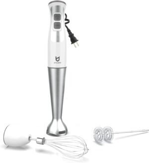 Immersion Hand Blender, UTALENT 3-in-1 8-Speed Stick Blender with Milk Frother, Egg Whisk for Smoothies, Coffee Milk Foam, Puree Baby Food, Sauces and Soups – White