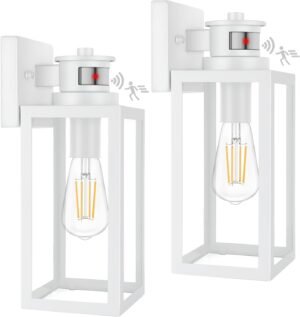 2-Pack Motion Sensor Outdoor Wall Lantern, Dusk to Dawn Exterior Light Fixtures Wall Mount, White Outside Light for House, Waterproof Outside Lantern Sconces, Anti-Rust Porch Lighting with Clear Glass
