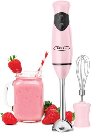 BELLA Immersion Hand Blender, Portable Mixer with Whisk Attachment – Electric Handheld Juicer, Shakes, Baby Food and Smoothie Maker, Stainless Steel, Pink