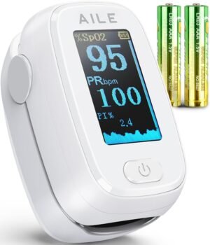 Pulse Oximeter with Fingertip Oxygen Meter : AILE Compact Fingertip Pulse Oximeter – Blood Oxygen/Heart Rate Monitor – 4 Color Screen Display – Including 2AAA Batteries for Athletic & Home (White)