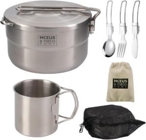Compact Camping Pot Backpack Mess kit, 18/8 Stainless Steel Camping Pot and Pan Cooking Set, Lightweight Camping Cup, with Folding Camping Silverware Set for Outdoor Camping Hiking Picnic