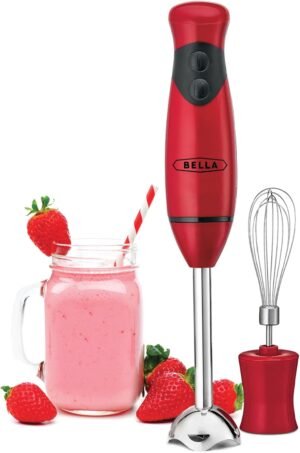 BELLA Immersion Hand Blender, Portable Mixer with Whisk Attachment – Electric Handheld Juicer, Shakes, Baby Food and Smoothie Maker, Stainless Steel, Red