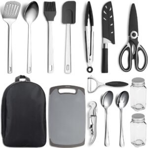 Kyraton Camping Cooking Set 15 Pack, Camping Cookware, Camping Supplies, Portable Camping Kitchen Utensil Set, Ldeal for Backpacking, Barbecuing, Camping and Hiking Trips.