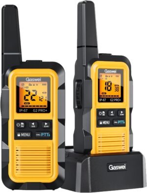 G2pro+ IP67 Waterproof Floating Heavy Duty Walkie Talkies Long Range for Adults FRS Double PTT，FM radio,SOS,NOAA weather Rechargeable Two Way Radios 2 watts,VOX,Li-ion Battery (2 Pack – Yellow)