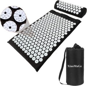 XiaoMaGe Acupressure Mat and Pillow Set with Bag – Large Size 28.7 X 16.5 inch Acupuncture Mat for Neck & Back Pain, Muscle Relaxation Stress Relief, Sciatica Pain Relief Pillow (Black)