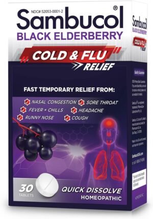 Sambucol Cold and Flu Relief Tablets – Homeopathic Cold Medicine, Cold Remedy for Adults, Black Elderberry for Colds, Zinc Cold Remedy – 30 Count