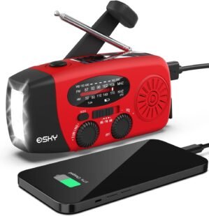 Esky Emergency Hand Crank Radio 7400mWh with 3 LED Flashlight, AM/FM/NOAA Portable Weather Radio with Power Bank Phone Charger, Solar Powered Rechargeable Radio for Indoor Survival Camping, SOS Alarm