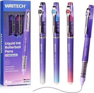 WRITECH Liquid Ink Rollerball Pens: 0.5mm Assorted Color Ink Fine Point Tip Rolling Roller Ball Pen Multicolor No Bleed & Smudge for Journaling Smooth Writing Drawing 4ct
