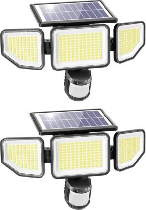 Onforu 3000LM Solar Lights Outdoor, 3 Heads Security Lights with Remote Control, IP65 Waterproof Motion Sensor Lights, 3 Modes Flood Lights for Wall, Porch, Yard, Outside, 2 Pack