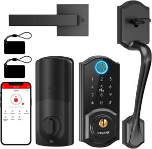 Smart Lock Front Door, SMONET Keyless Entry Door Lock with Handle, Smart Front Door Lock Set Fingerprint Smart Deadbolt Bluetooth Electronic Digital Keypad Lock, Auto Lock Work with Alexa, Black