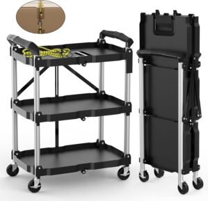 HIMIX Foldable Utility Carts with Wheels, 3-Tier Holds 240lbs Folding Rolling Cart with Fixed Rope, Collapsible Service Cart for Home, Office, Garage, and Warehouse – No Assembly Required